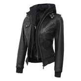 Women's Black Leather Bomber Jacket with Removable Hoodie