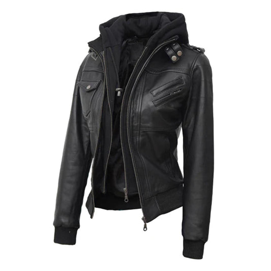Women's Black Leather Bomber Jacket with Removable Hoodie
