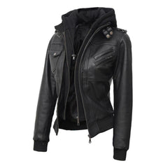 Women's Black Leather Bomber Jacket with Removable Hoodie