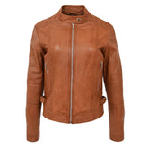 Womens Soft Leather Casual Zip Biker Jacket Ruby Tan