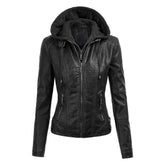 Lock and Love Women's Removable Hooded Leather Jacket Moto Biker Coat - Black