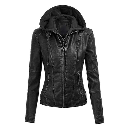 Lock and Love Women's Removable Hooded Leather Jacket Moto Biker Coat - Black