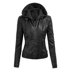 Lock and Love Women's Removable Hooded Leather Jacket Moto Biker Coat - Black