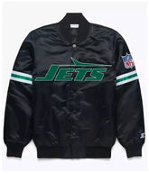 Men NY Jets NFL Black Satin Bomber Style Letterman Embroidered Varsity Jackets