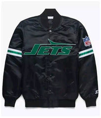 Men NY Jets NFL Black Satin Bomber Style Letterman Embroidered Varsity Jackets