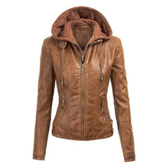 Lock and Love Women's Removable Hooded Leather Jacket Moto Biker Coat - Tan