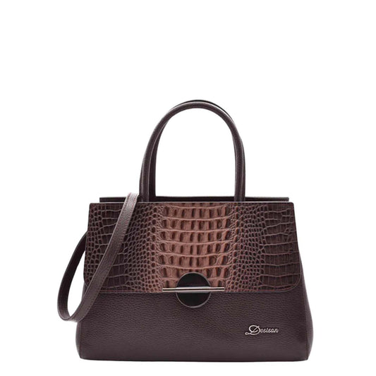 Womens Real Leather Croc Print Handbag Long Strap CAROL Brown