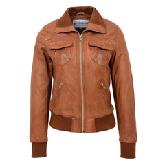 Womens Leather Classic Bomber Jacket Motto Tan
