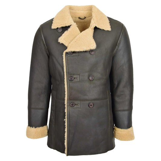 Mens Double Breasted Sheepskin Leather Jacket Theo Brown
