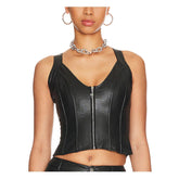 Factory Price Black Corseted Cisscross Back Women Leather Top