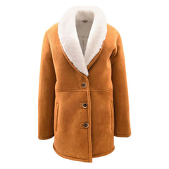 Womens Cognac Sheepskin Coat Mid Length White Merino Brenda