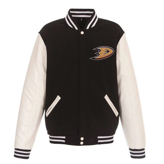 Anaheim Ducks Reversible Fleece Jacket with Faux Leather Sleeves JH Design - Black/White