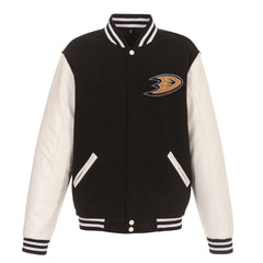 Anaheim Ducks Reversible Fleece Jacket with Faux Leather Sleeves JH Design - Black/White