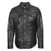 Mens Leather Shirt Classic Trucker Style Oliver Black
