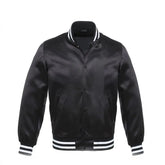 Bomber Style Satin Varsity Jacket With White Stripes-Black