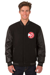 Atlanta Hawks Leather & Wool Reversible Jacket w/ Embroidered Logos - Black