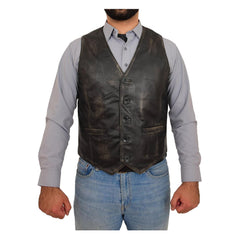 Men's Button Fastening Leather Waistcoat Nick Black