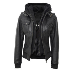 Women's Black Leather Bomber Jacket with Removable Hoodie