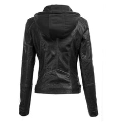 Lock and Love Women's Removable Hooded Leather Jacket Moto Biker Coat - Black