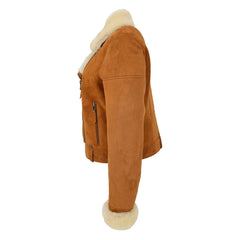 Womens Sheepskin Aviator Pilot Leather Jacket Nora Tan White