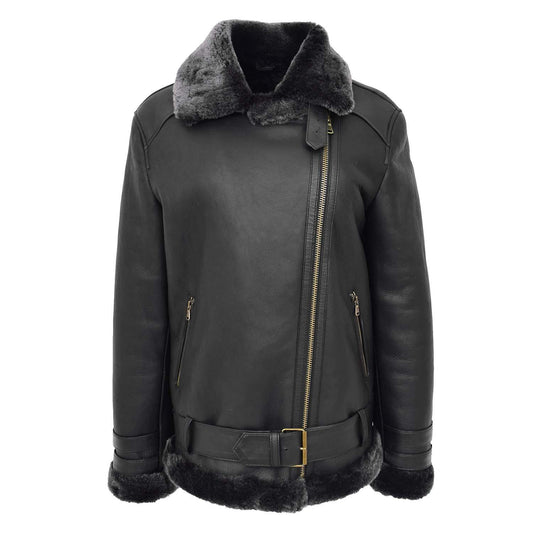 Women's Sheepskin Leather Aviator Cross Zip Pilot Jacket Lena Black