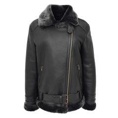 Women's Sheepskin Leather Aviator Cross Zip Pilot Jacket Lena Black