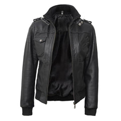 Women's Black Leather Bomber Jacket with Removable Hoodie