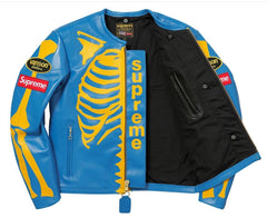 Supreme Vanson Leather Bones Jacket Handmade Skeleton Café Racer Blue Jacket (Blue-Yellow)