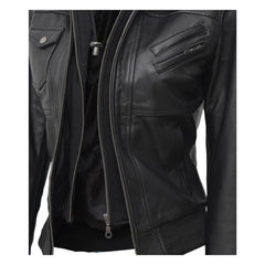 Women's Black Leather Bomber Jacket with Removable Hoodie