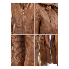 Lock and Love Women's Removable Hooded Leather Jacket Moto Biker Coat - Tan