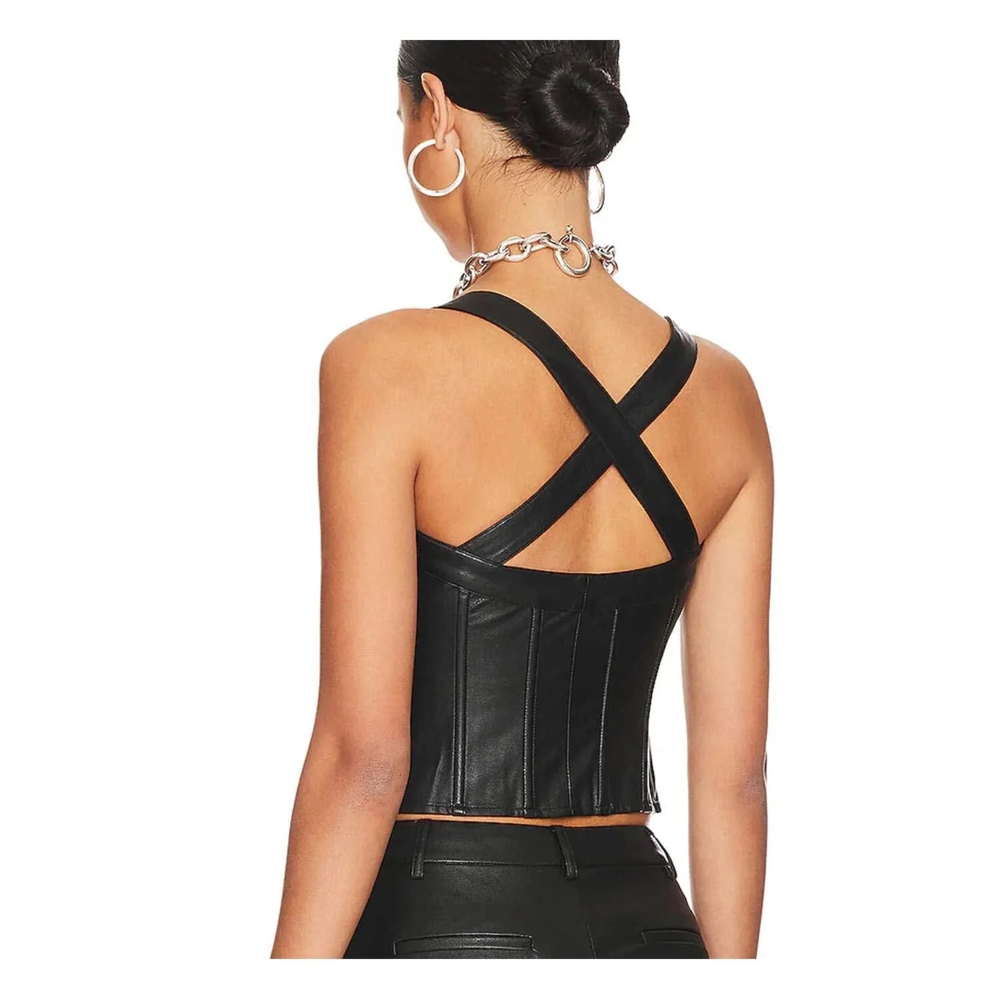 Factory Price Black Corseted Cisscross Back Women Leather Top