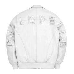 Men's White Pelle Pelle Stones Lamb Skin Leather Bomber Jacket