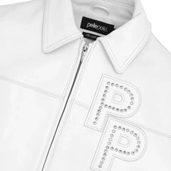 Men's White Pelle Pelle Stones Lamb Skin Leather Bomber Jacket