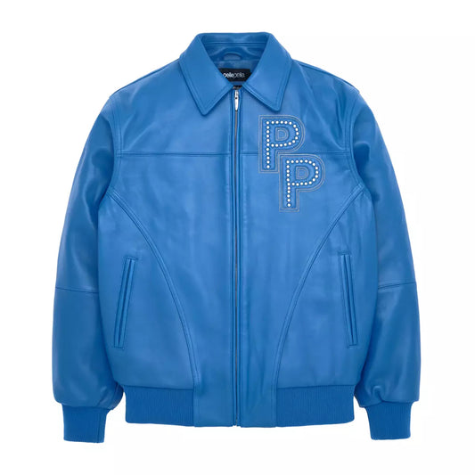 Men's Blue Pelle Pelle Stones Bomber Genuine Leather Jacket
