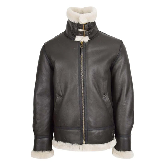 Men's Classic B3 Original Sheepskin Jacket in brown and white with buckled shearling collar and front zipper
