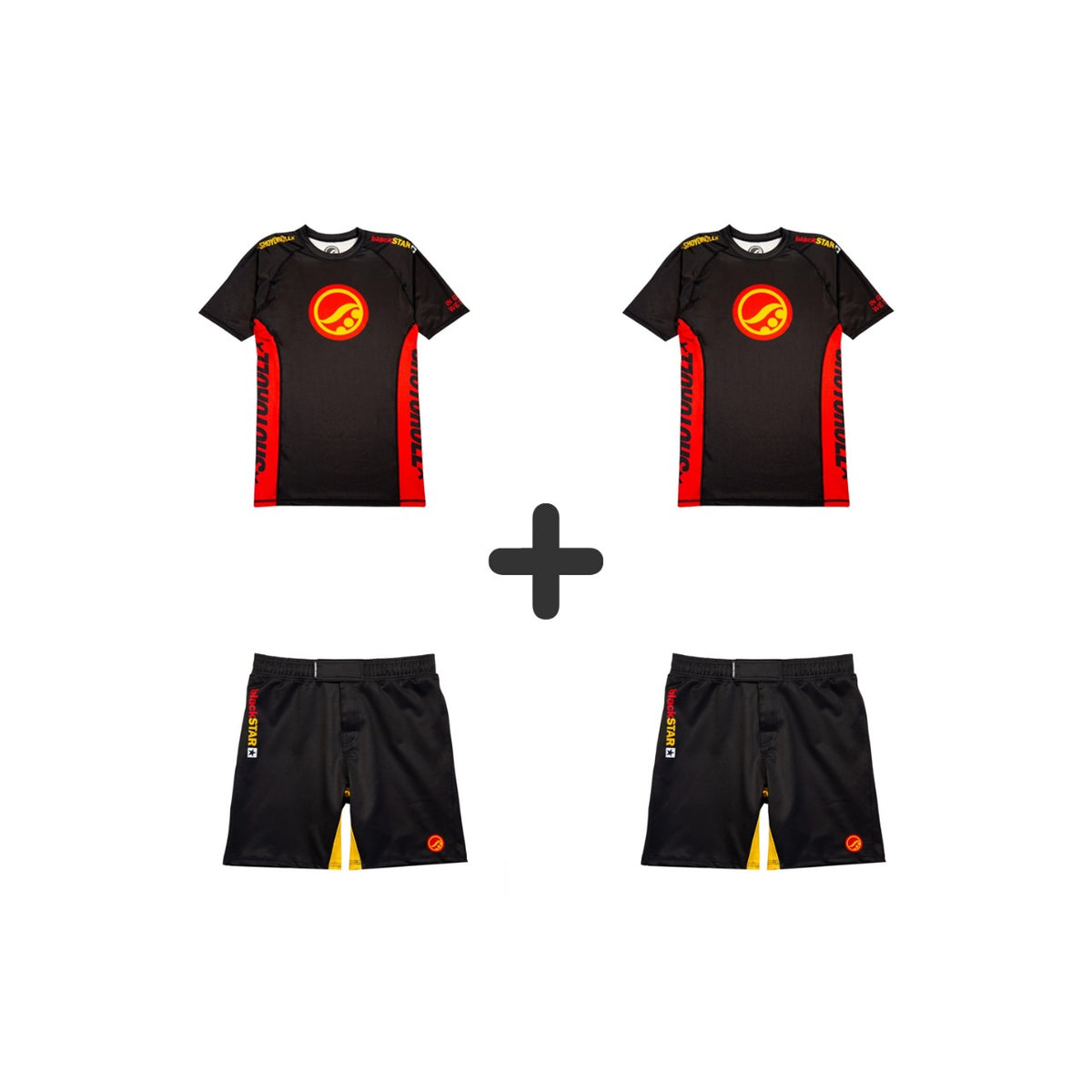 TWO PAIRS Shoyoroll Batch 146 Black STAR Retro Rash guards LS & MMA Shorts set
