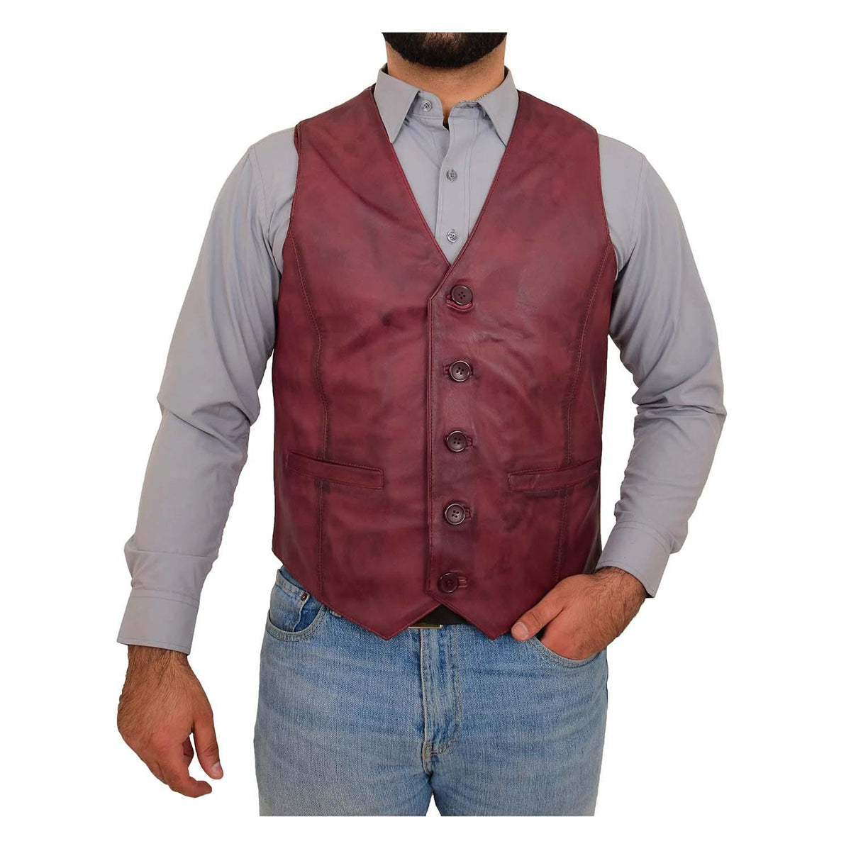 Mens Button Fastening Genuine Leather Waistcoat Nick Burgundy