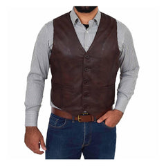 Men's Button Fastening Leather Waistcoat Nick Brown