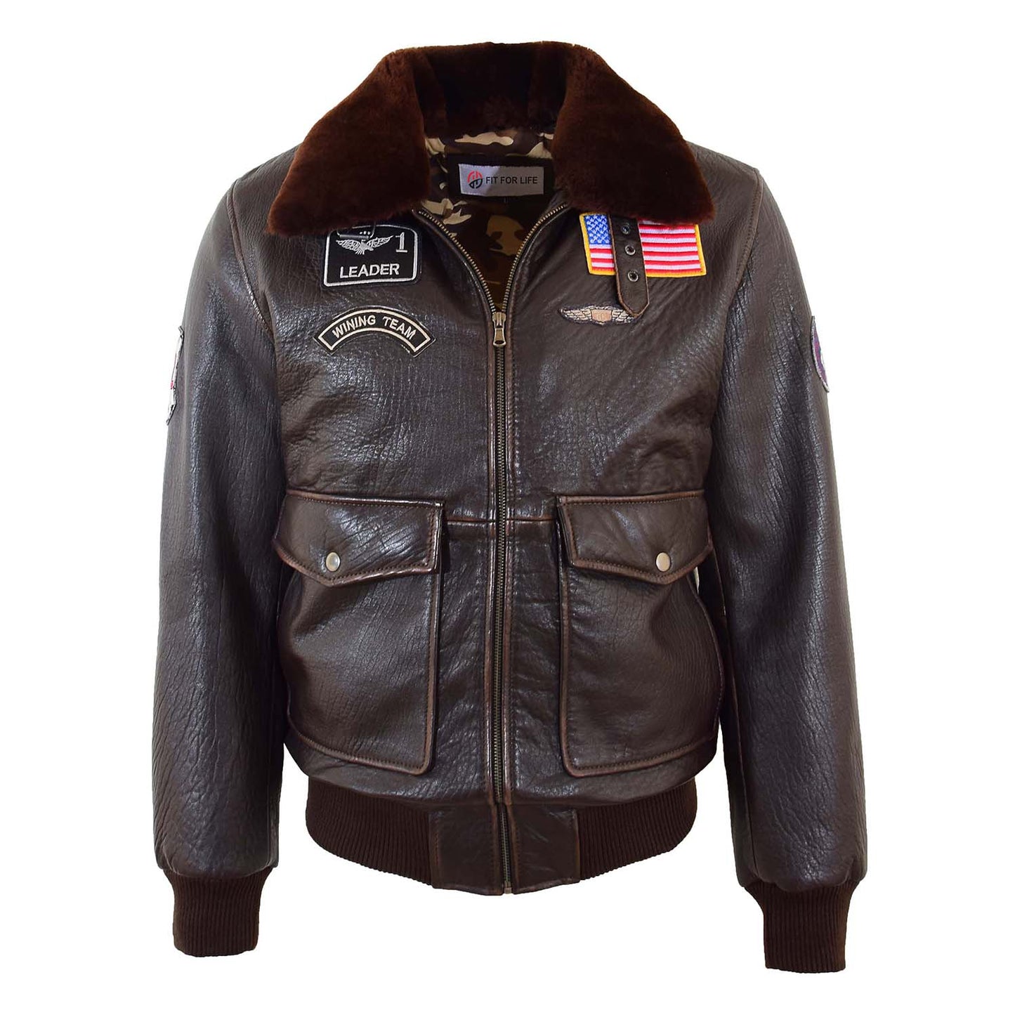 Mens Real Leather G-1 Bomber Jacket Airforce Badges FINCH Brown