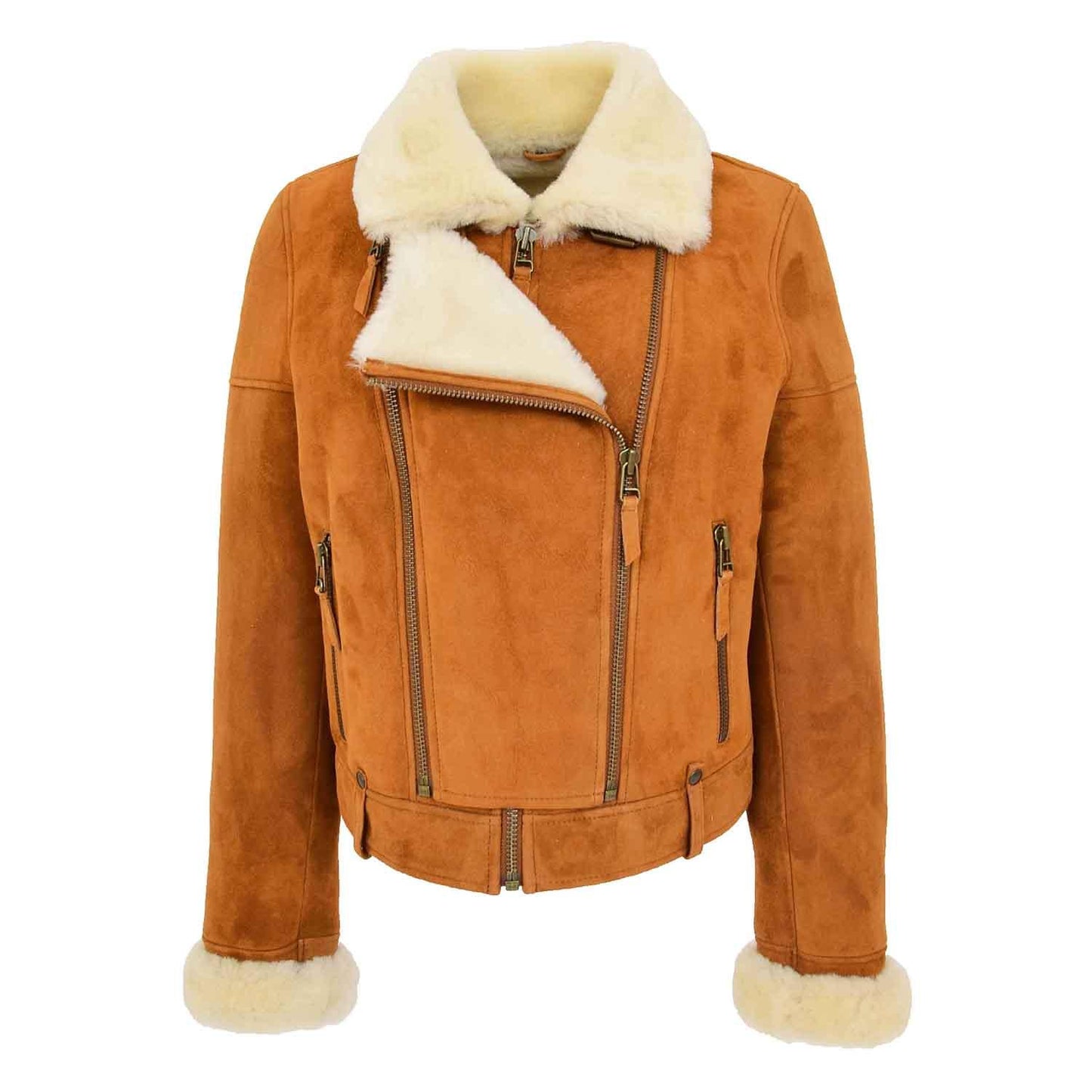 Womens Sheepskin Aviator Pilot Leather Jacket Nora Tan White