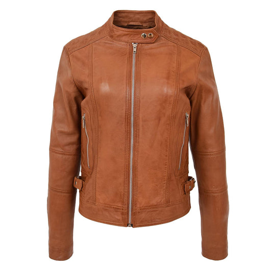 Womens Soft Leather Casual Zip Biker Jacket Ruby Tan