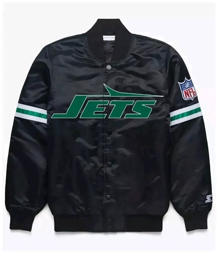 Men NY Jets NFL Black Satin Bomber Style Letterman Embroidered Varsity Jackets
