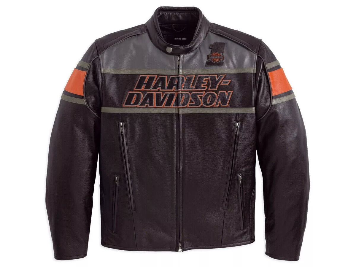 Harley Davidson Men's Biker Blocked B&S Black Leather Jacket Motorcycle Jackets