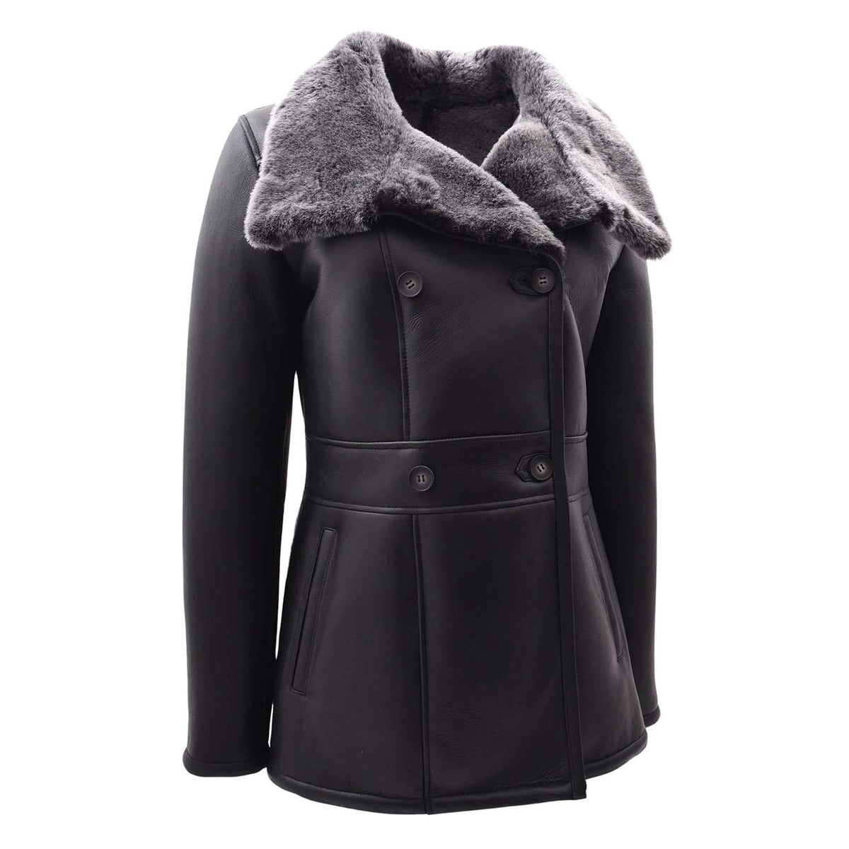 Womens Sheepskin Black Brisa Double Breasted Coat Bonnie