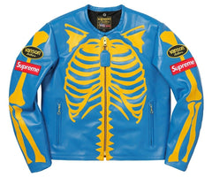 Supreme Vanson Leather Bones Jacket Handmade Skeleton Café Racer Blue Jacket (Blue-Yellow)