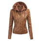 Lock and Love Women's Removable Hooded Leather Jacket Moto Biker Coat - Tan