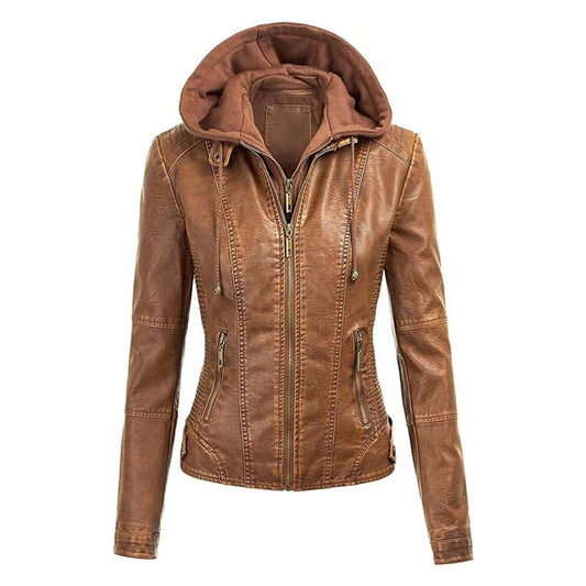 Lock and Love Women's Removable Hooded Leather Jacket Moto Biker Coat - Tan