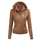 Lock and Love Women's Removable Hooded Leather Jacket Moto Biker Coat - Tan