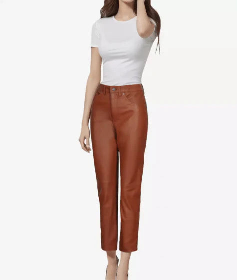 Straight Leg Brown Leather Pants for Women - Finest Real Leather Pants