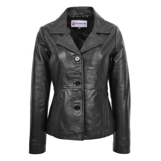 Womens Classic Three Button Leather Blazer Ruth Black